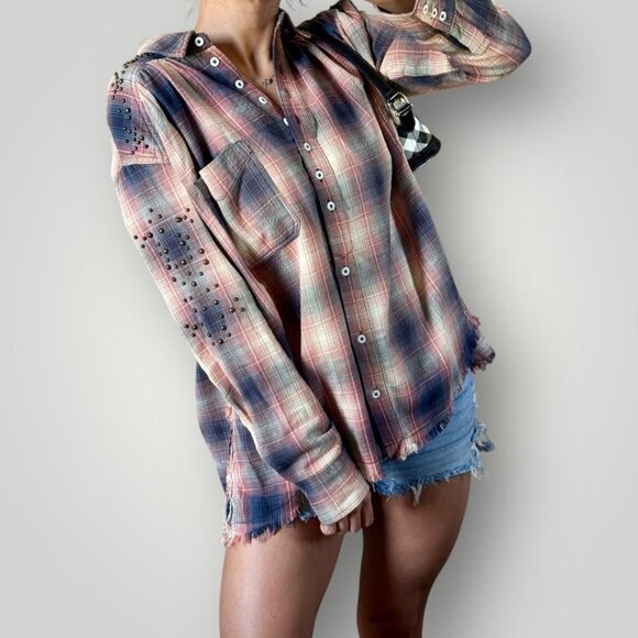 Free People Take on Me Studded Plaid Button Shirt Frayed Hem Oversized Boho Chic - Picture 1 of 9